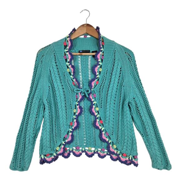VTG Relativity Cardigan Sweater sz L* Teal Tie Front Cotton Boho Cottagecore - Picture 1 of 16